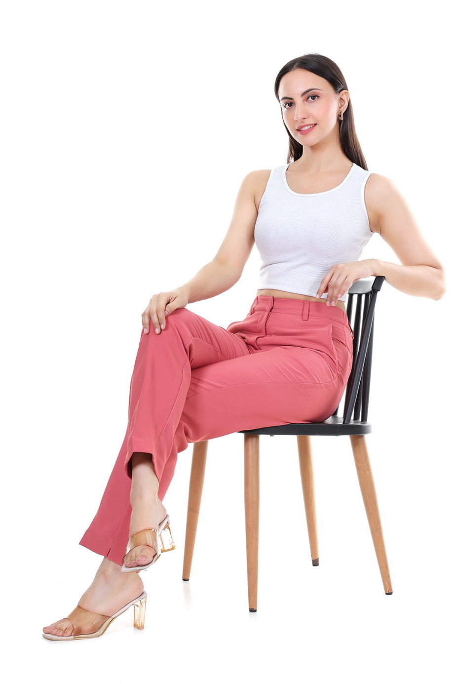Women Premium Straight Fit Medium Waist Pants – Coral Pink