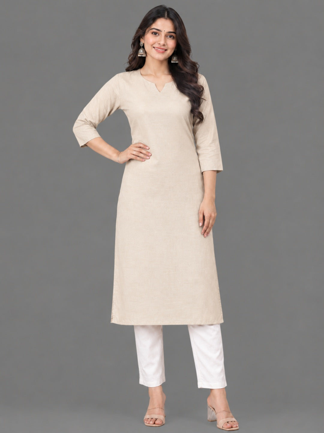 Cotton Linen Long Kurta - Beige