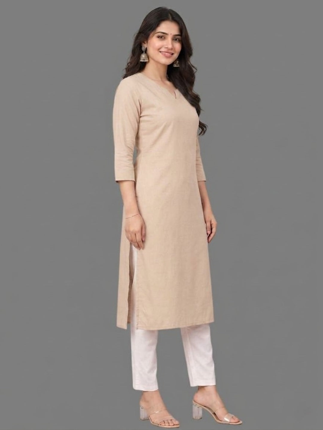 Cotton Linen Long Kurta - Beige