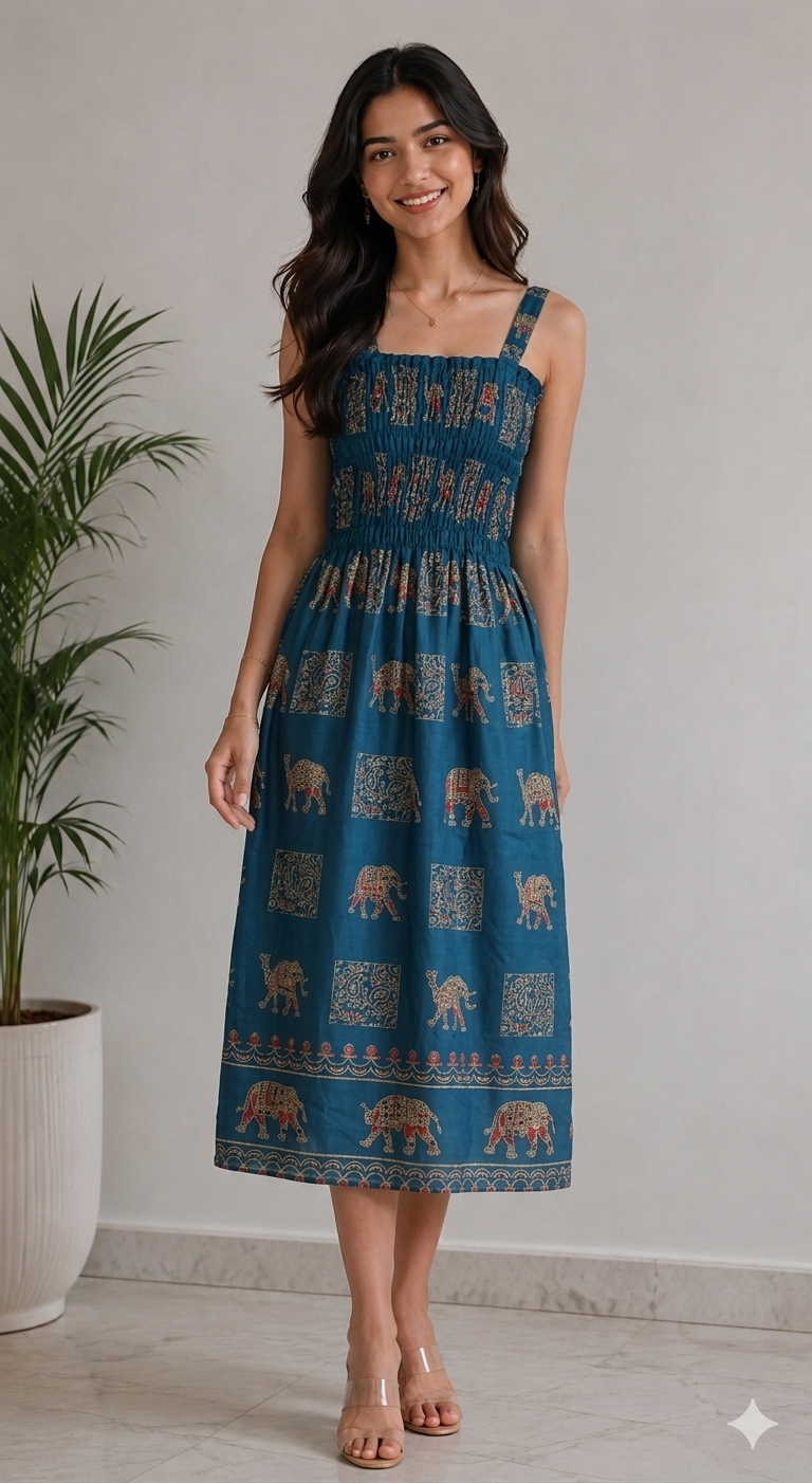 Royal Elephant Dress - Teal Blue