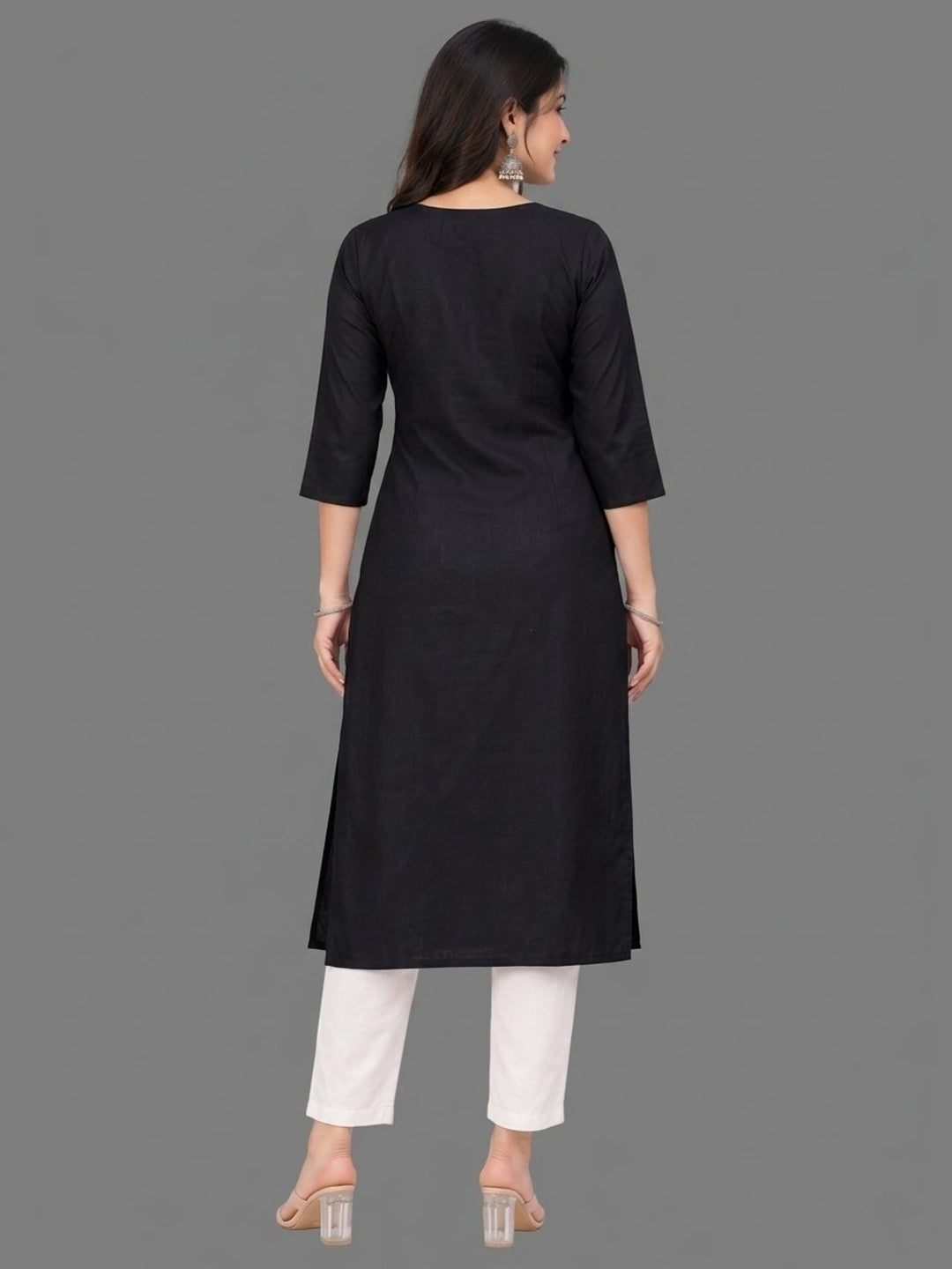 Cotton Linen Long Kurta - Black