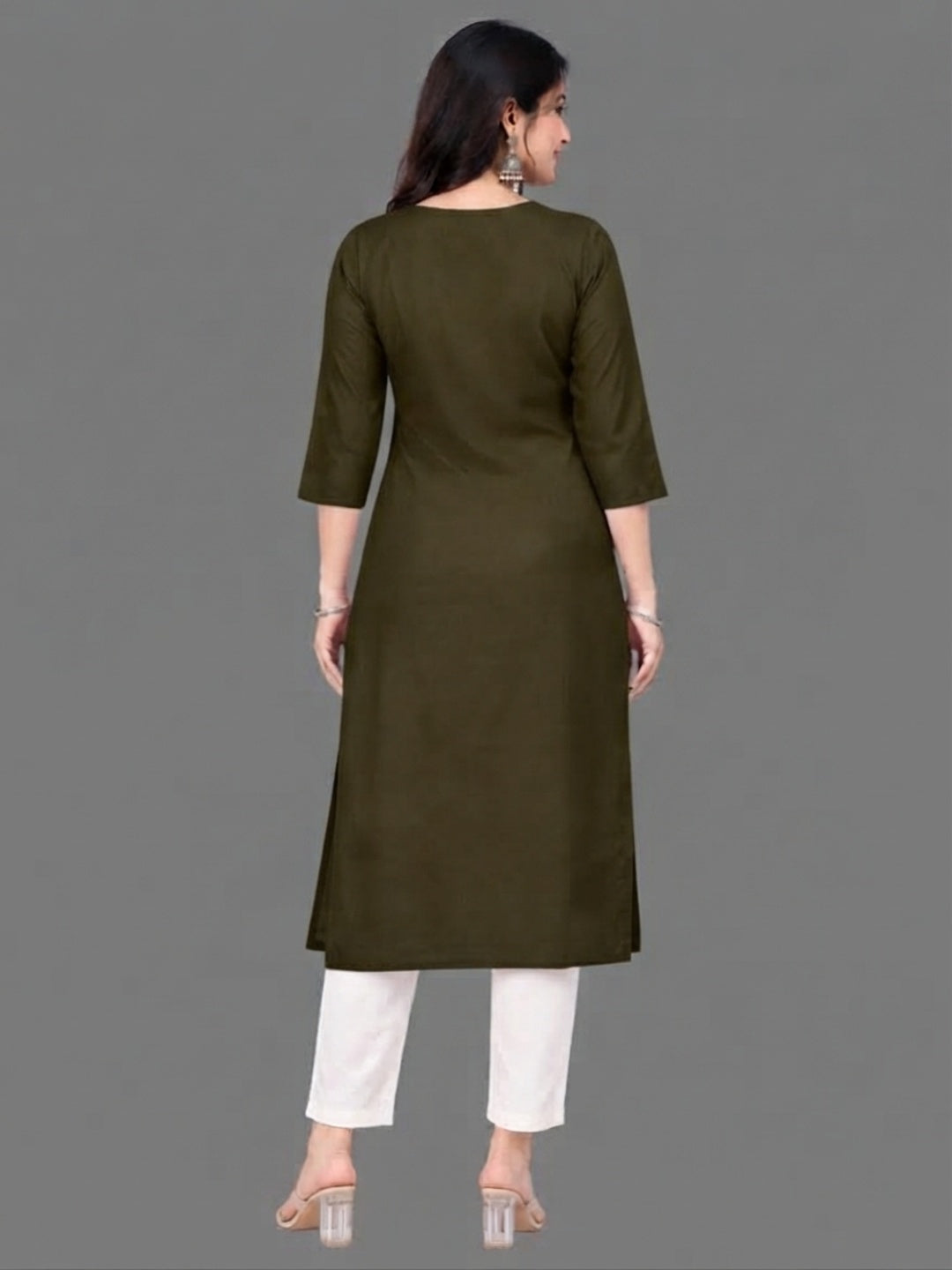 Cotton Linen Long Kurta - Olive