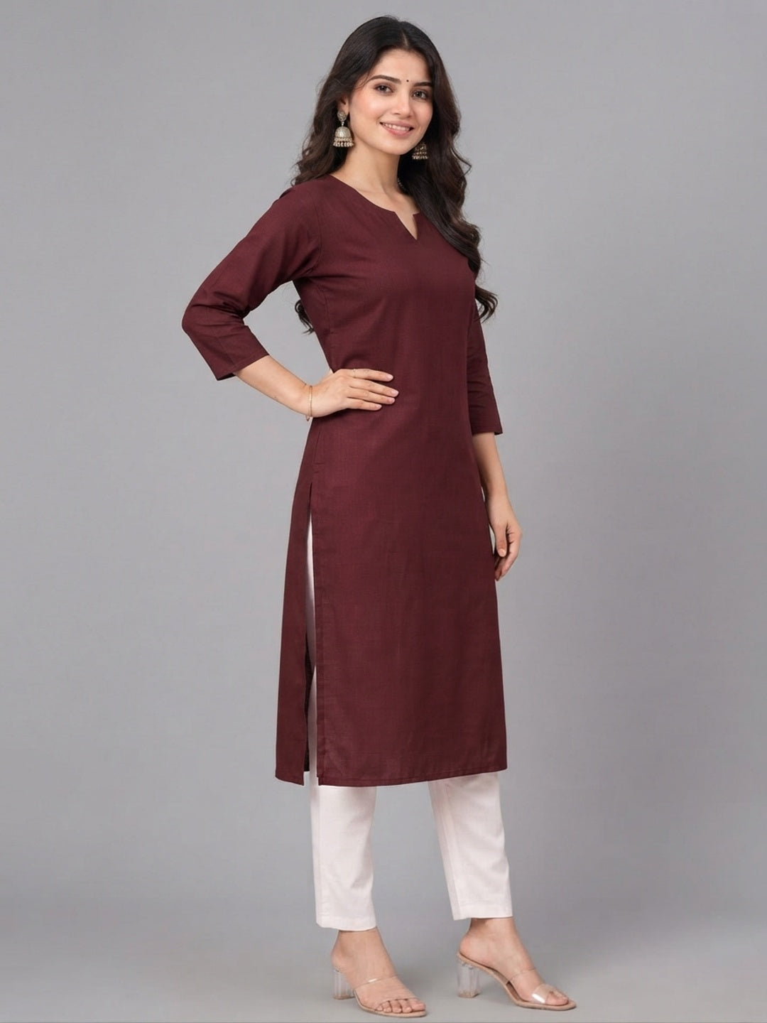 Cotton Linen Long Kurta - Wine