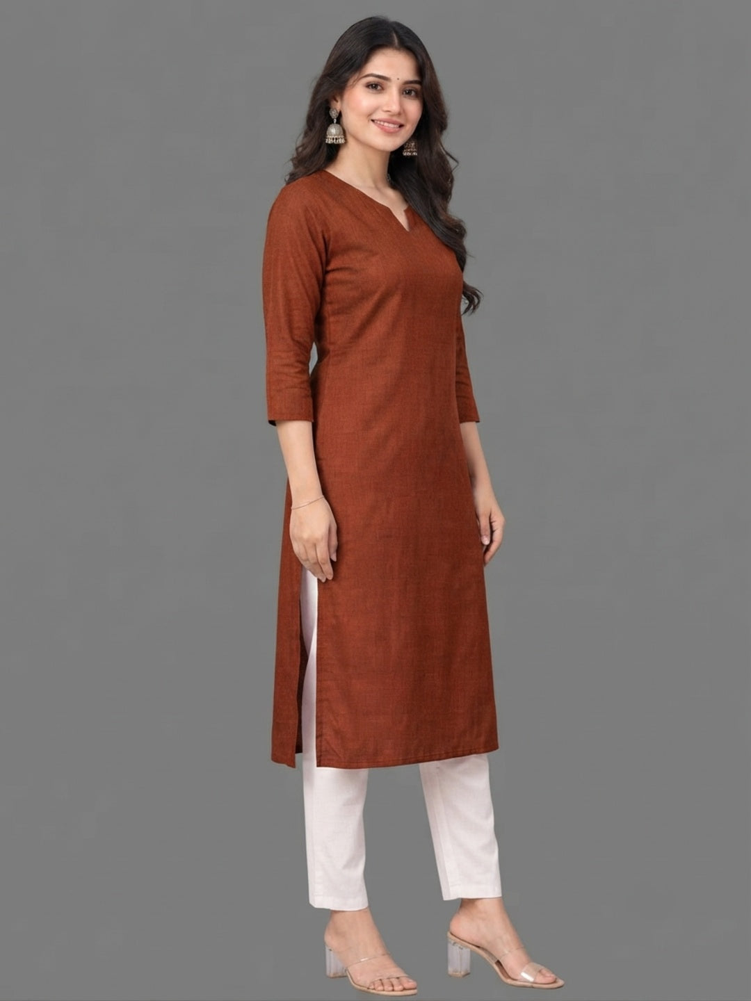 Cotton Linen Long Kurta - Rusty