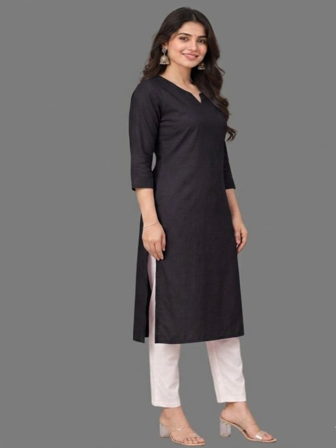 Cotton Linen Long Kurta - Black