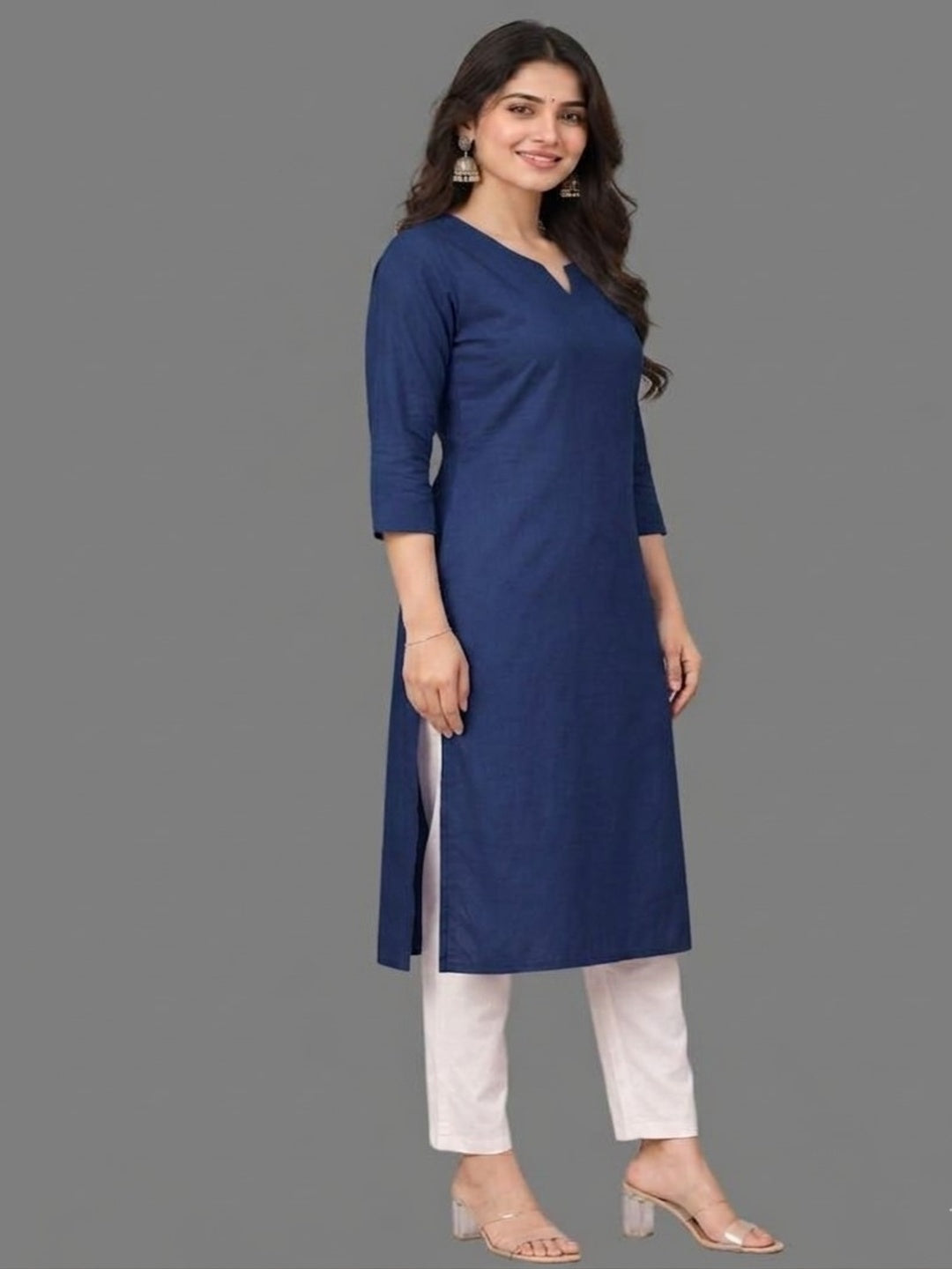 Cotton Linen Long Kurta - Blue