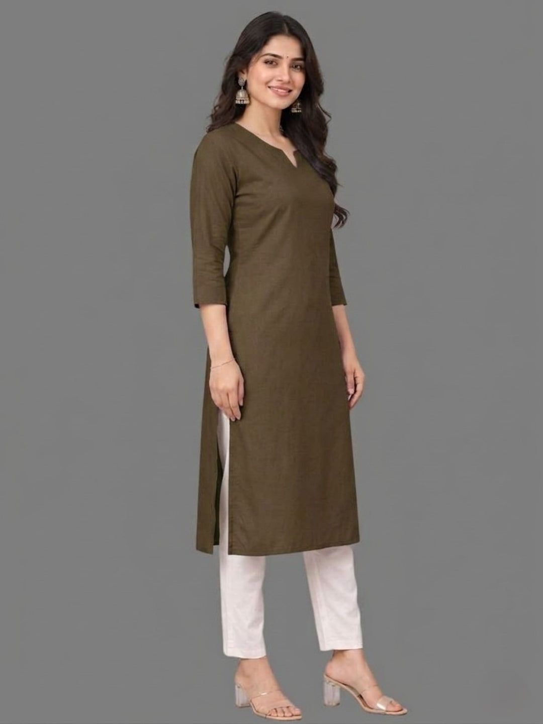 Cotton Linen Long Kurta - Olive