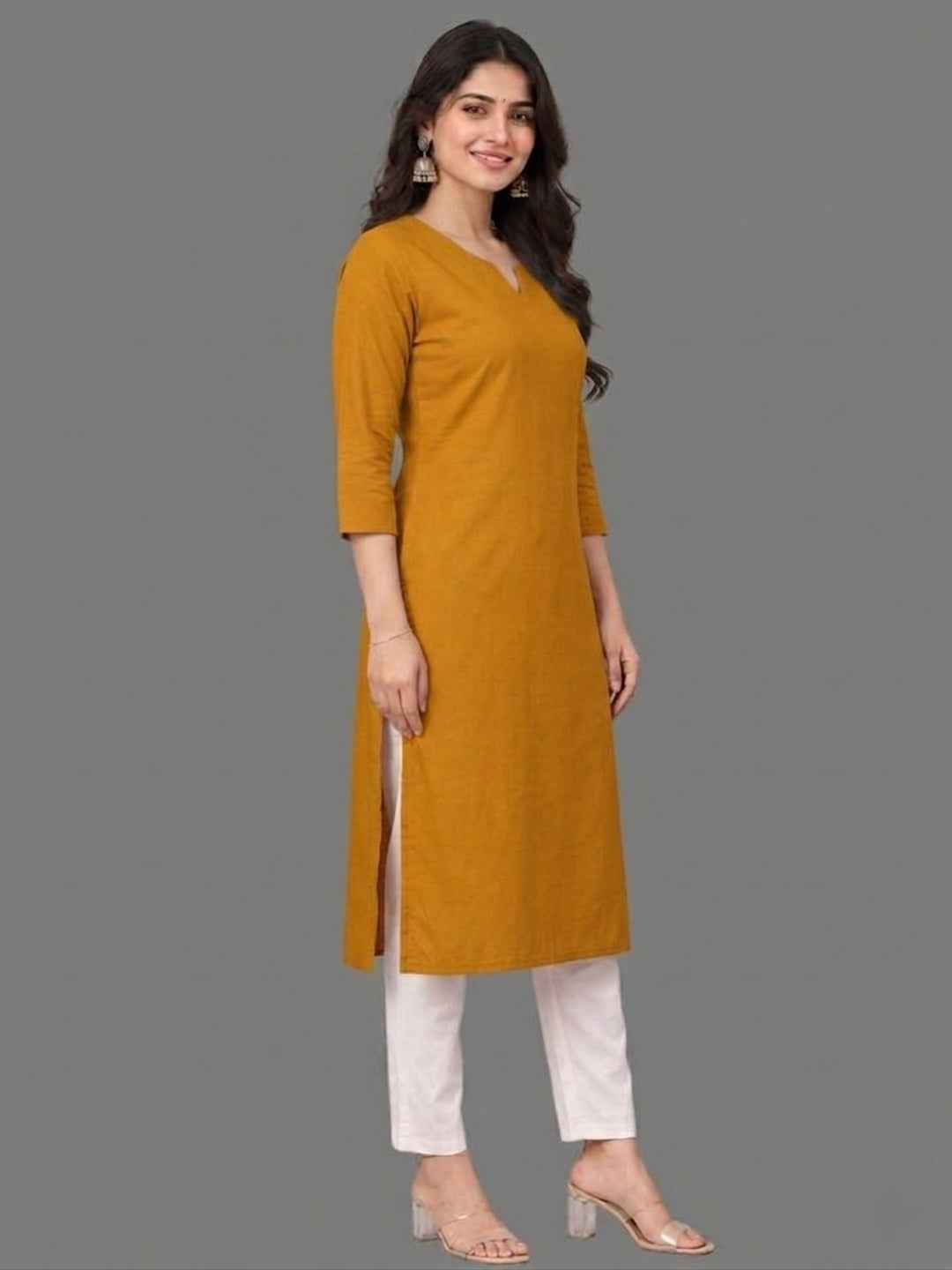 Cotton Linen Long Kurta - Mustard