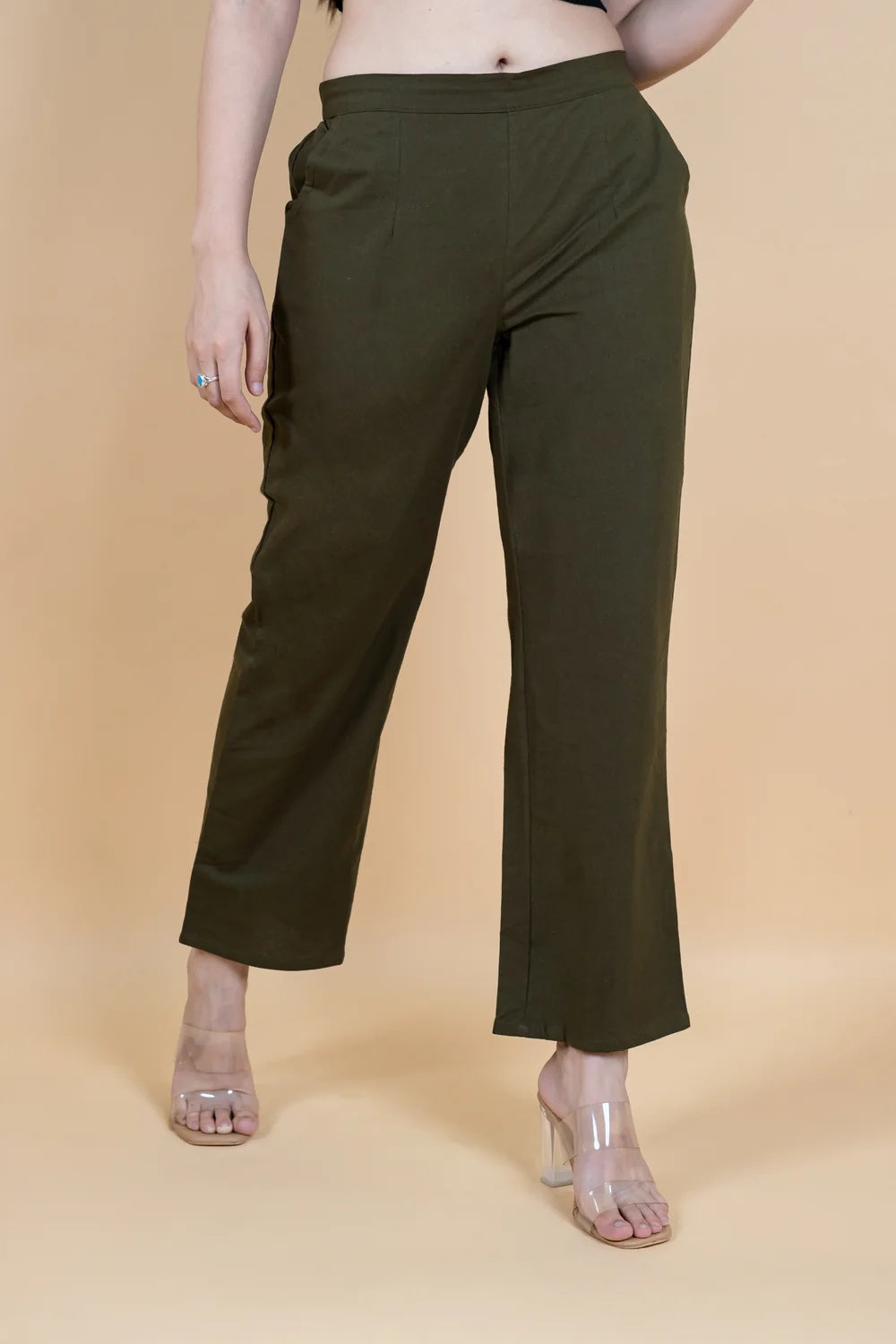 Regular Fit Cotton Pants - Mehendi Green