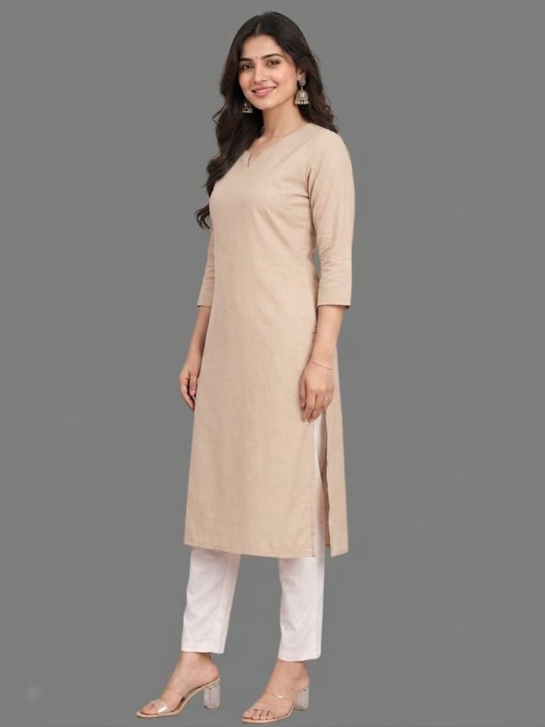 Cotton Linen Long Kurta - Beige