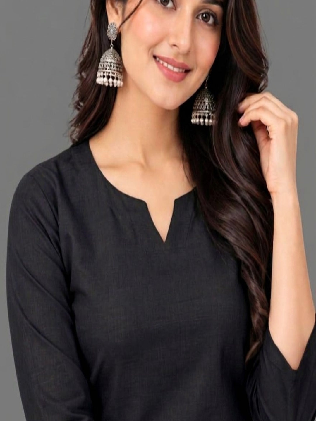 Cotton Linen Long Kurta - Black