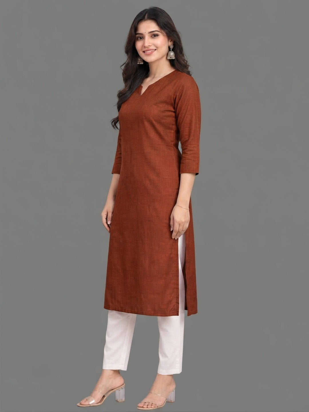Cotton Linen Long Kurta - Rusty