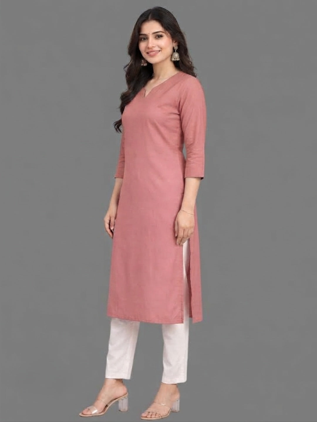 Cotton Linen Long Kurta - Rose Taupe