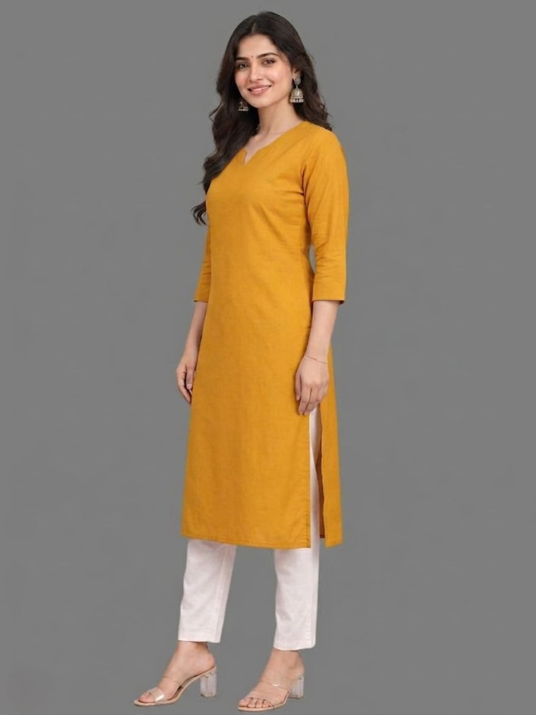 Cotton Linen Long Kurta - Mustard