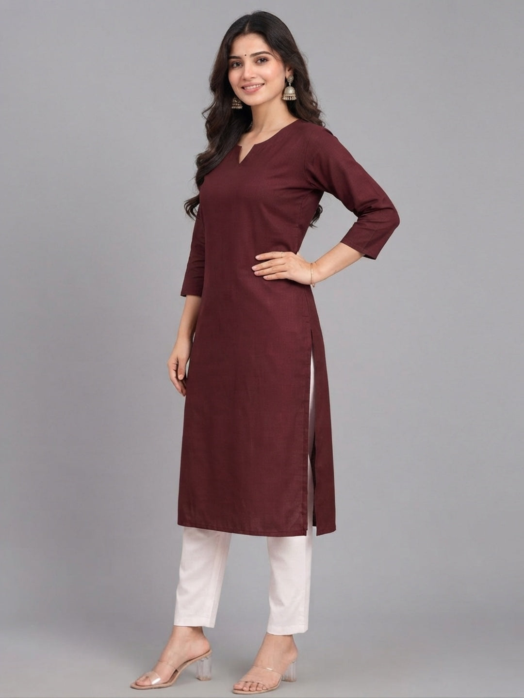 Cotton Linen Long Kurta - Wine