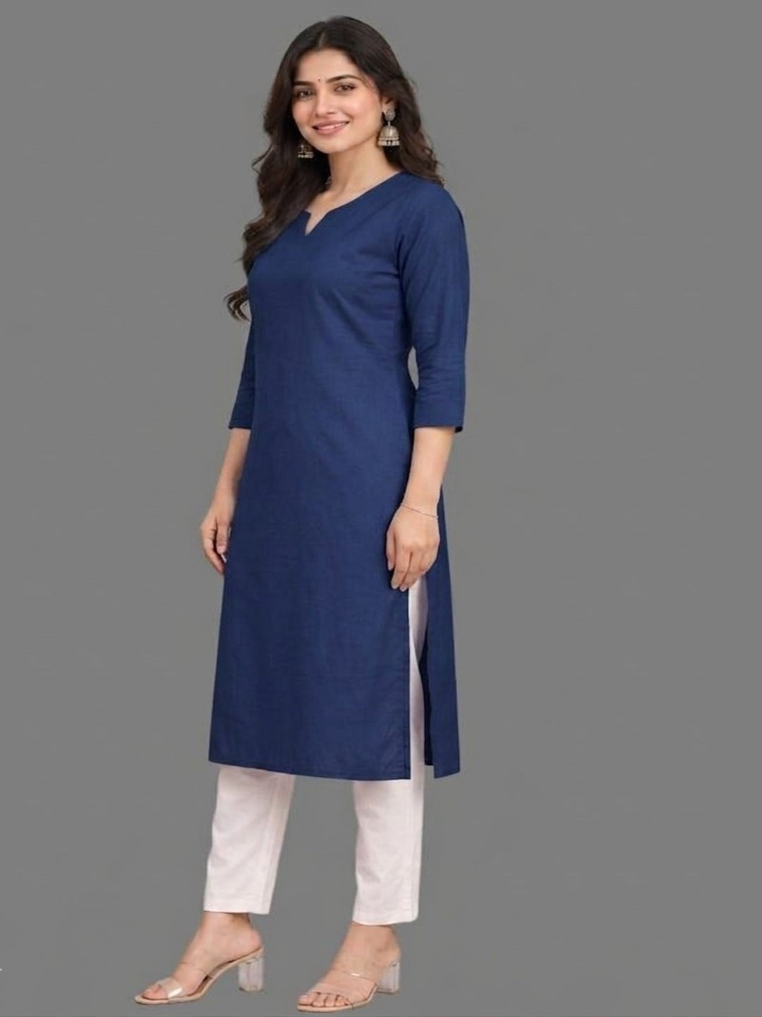 Cotton Linen Long Kurta - Blue