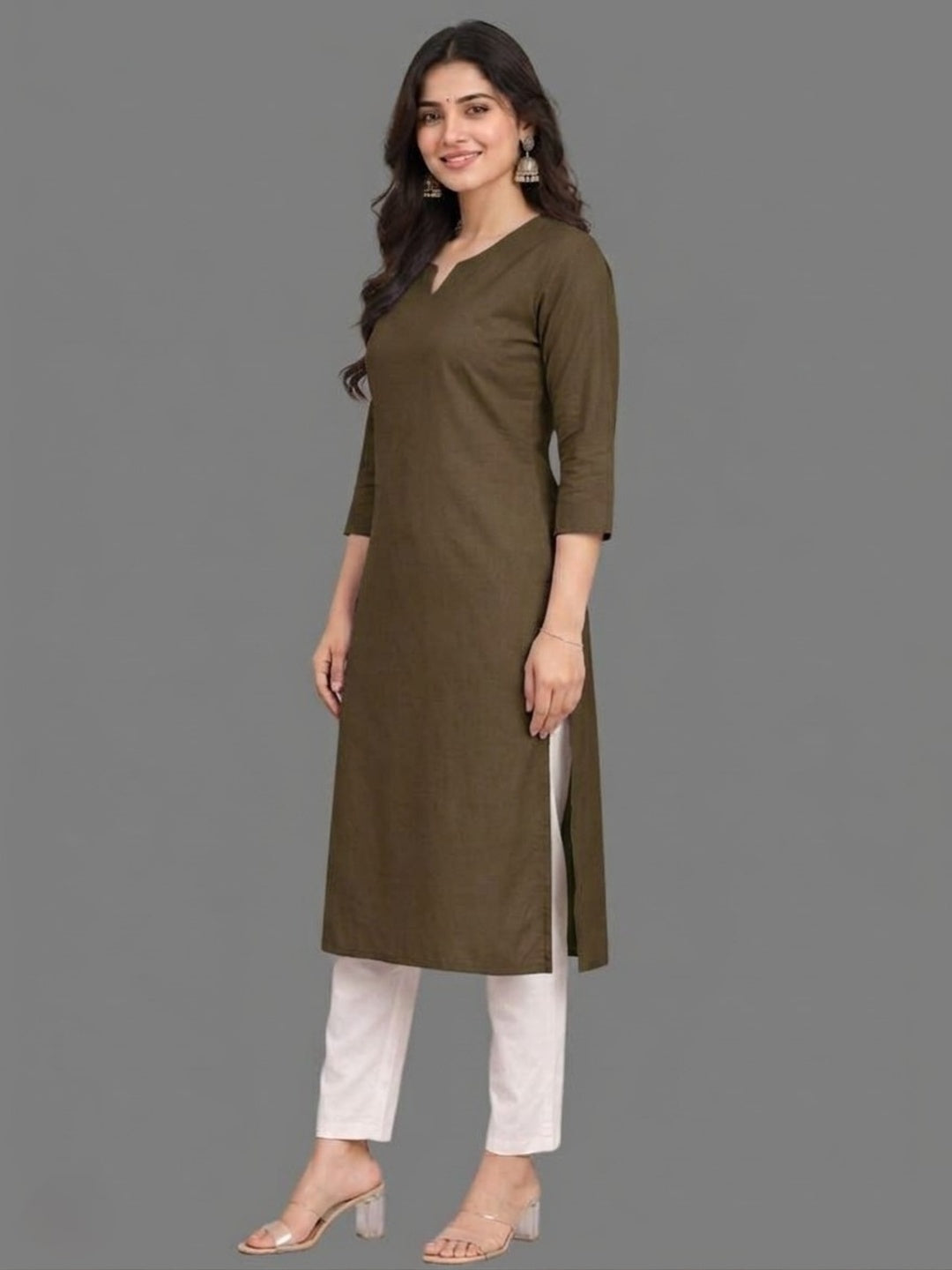 Cotton Linen Long Kurta - Olive