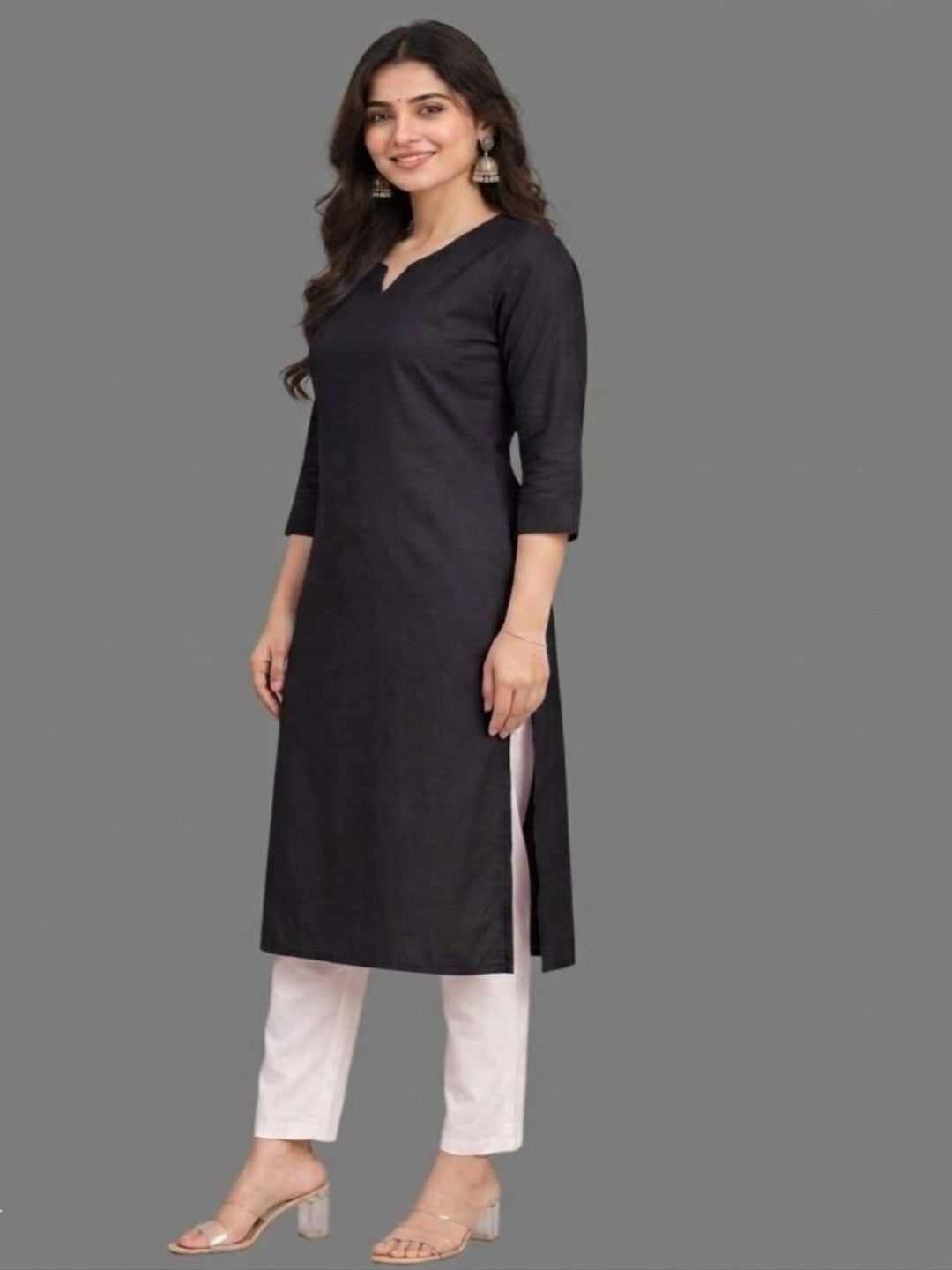 Cotton Linen Long Kurta - Black