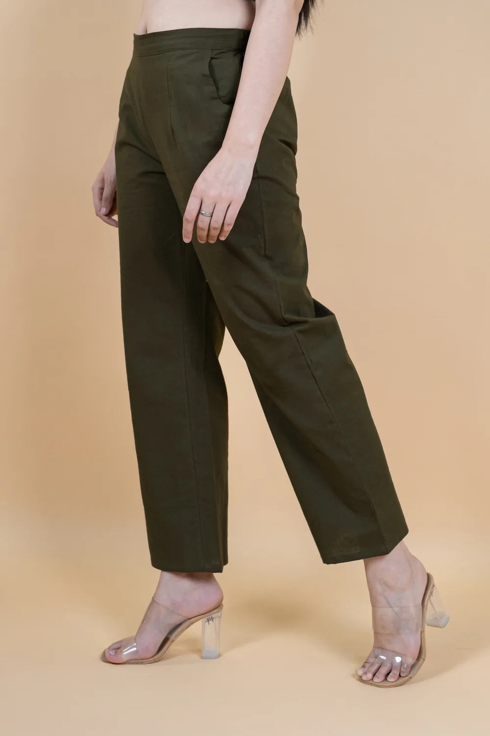 Regular Fit Cotton Pants - Mehendi Green