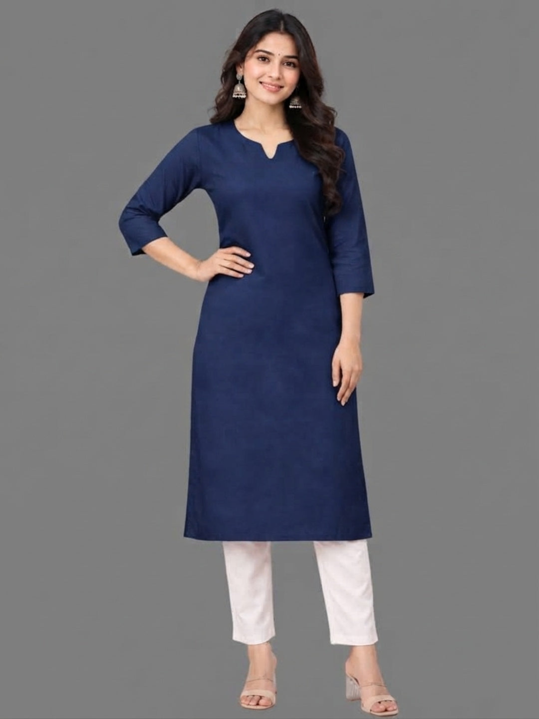Cotton Linen Long Kurta - Blue