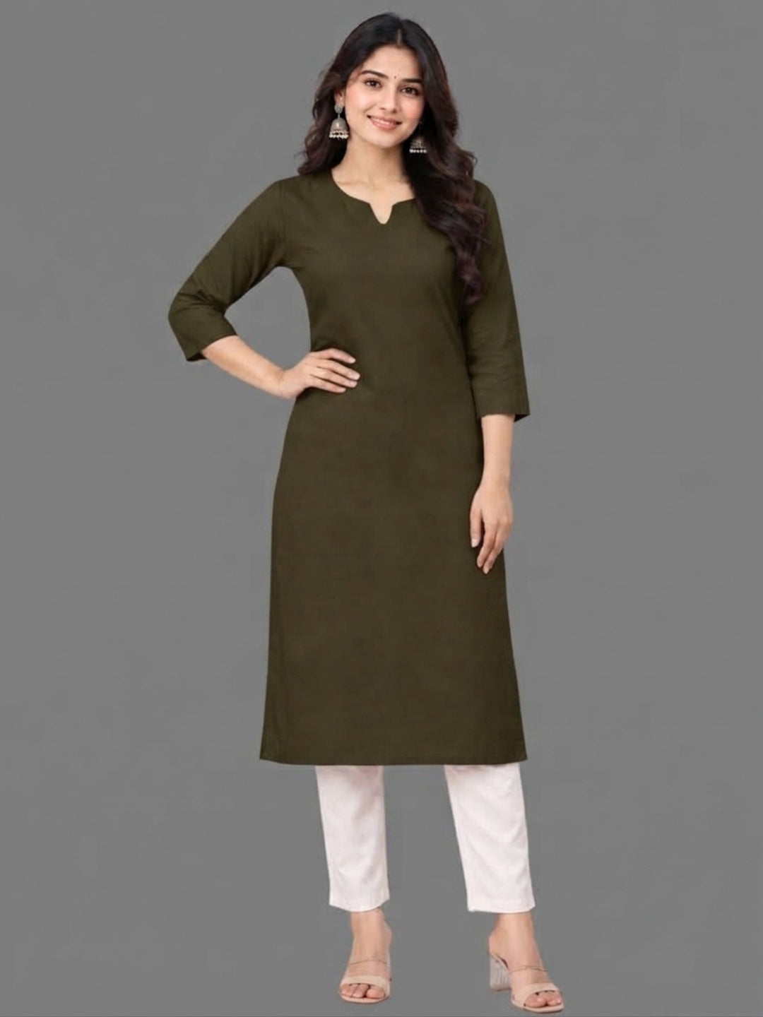 Cotton Linen Long Kurta - Olive