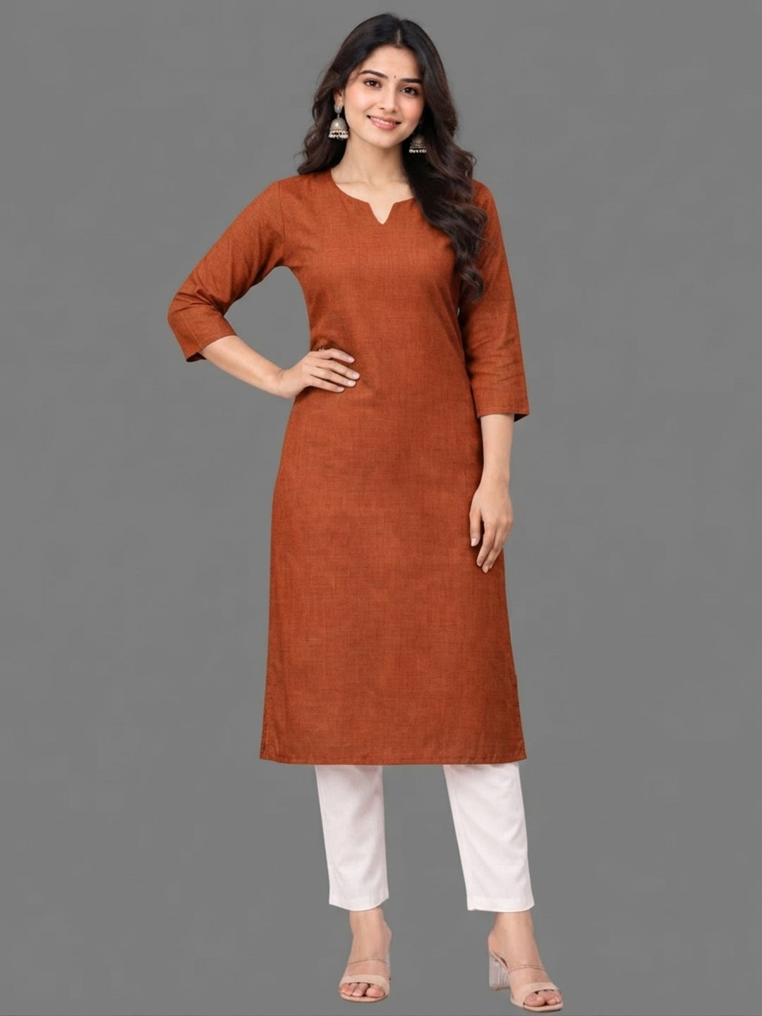 Cotton Linen Long Kurta - Rusty