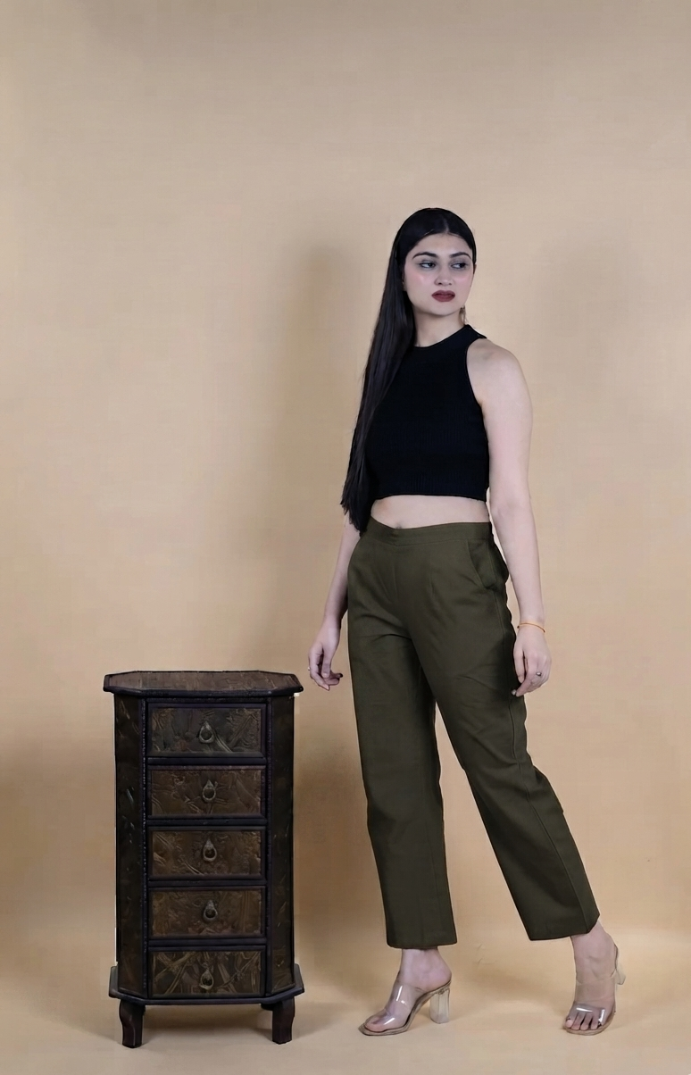 Regular Fit Cotton Pants - Mehendi Green