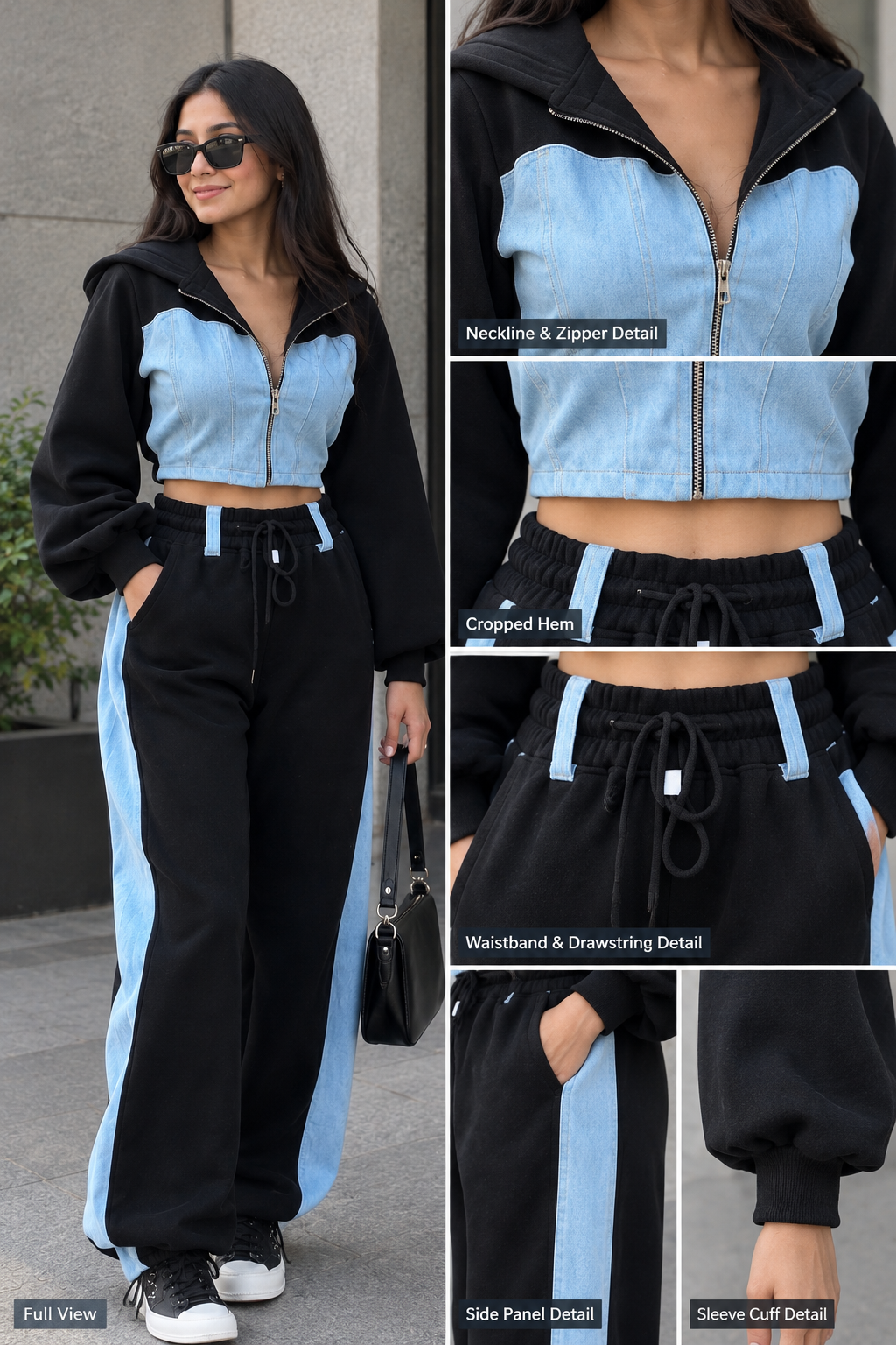 Black & Blue Colour-Block Hoodie and Wide-Leg Trouser Co-ord Set