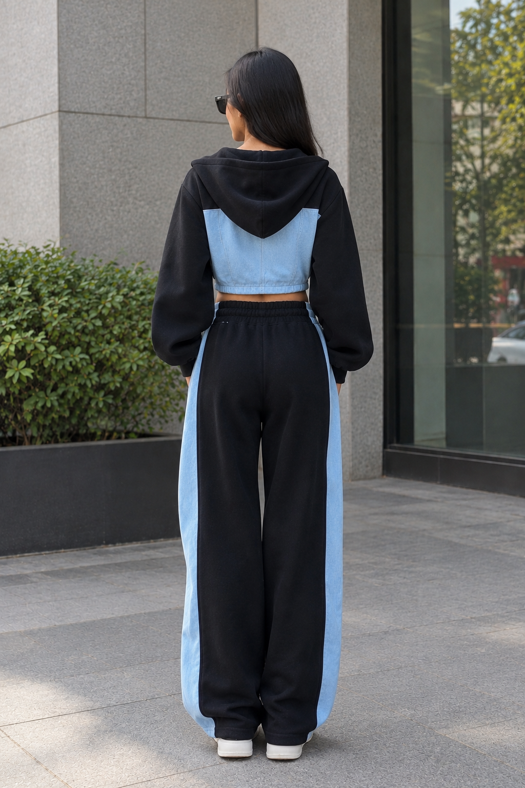 Black & Blue Colour-Block Hoodie and Wide-Leg Trouser Co-ord Set