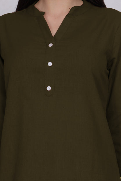 Cotton Kurta - Olive Green - FuchsiaBless