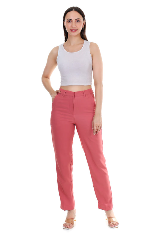 Women Premium Straight Fit Medium Waist Pants – Coral Pink