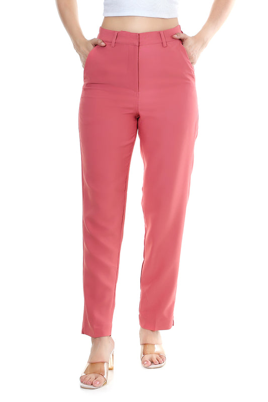 Women Premium Straight Fit Medium Waist Pants – Coral Pink