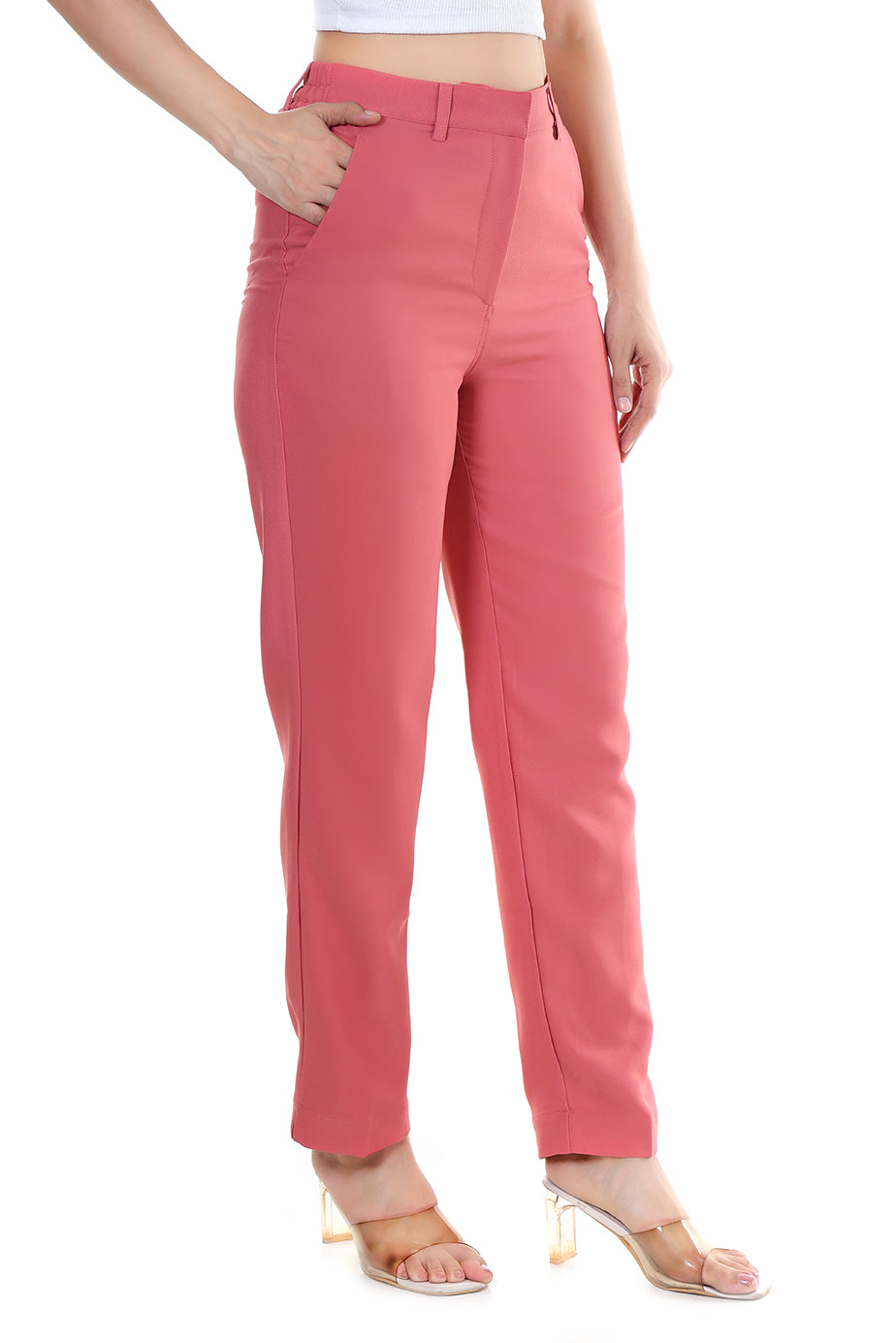 Women Premium Straight Fit Medium Waist Pants – Coral Pink