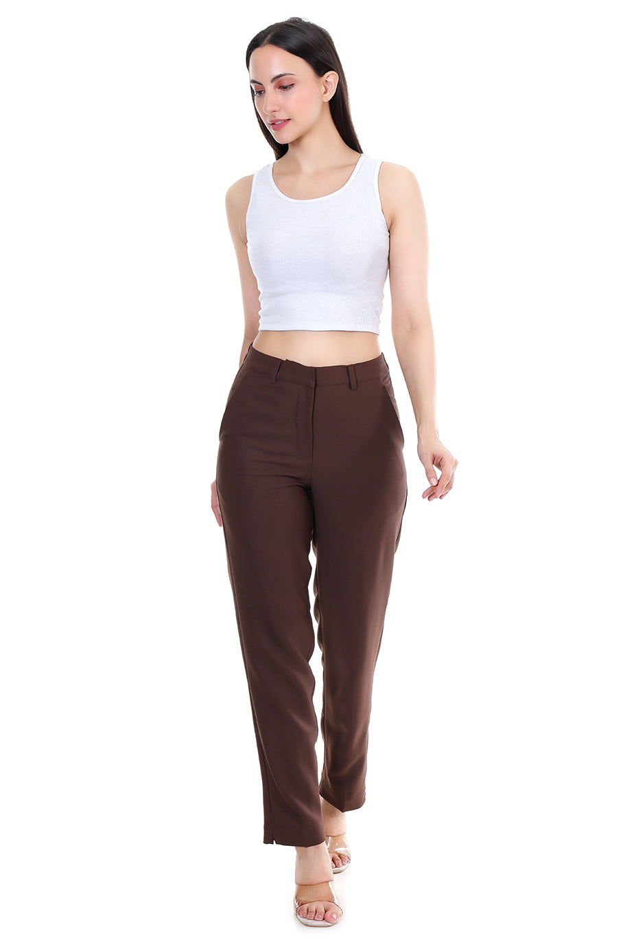 Women Premium Straight Fit Medium Waist Pants – Coffee Brown