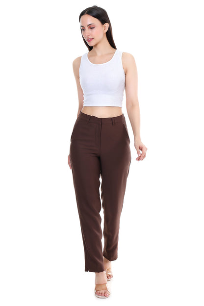 Women Premium Straight Fit Medium Waist Pants – Coffee Brown