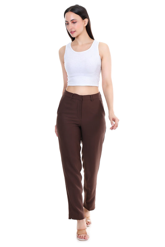 Women Premium Straight Fit Medium Waist Pants – Coffee Brown