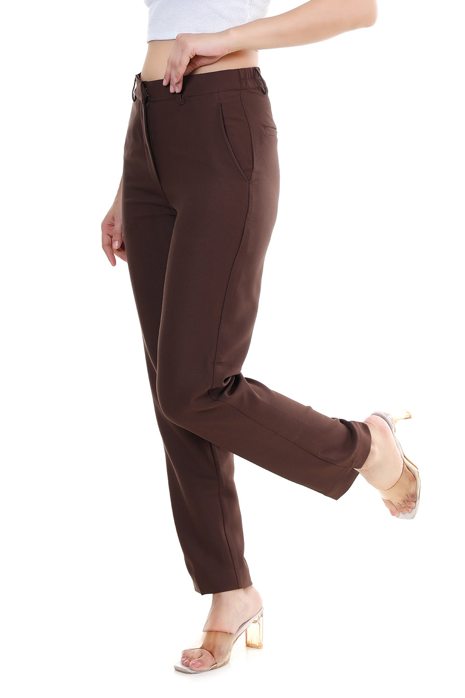 Women Premium Straight Fit Medium Waist Pants – Coffee Brown