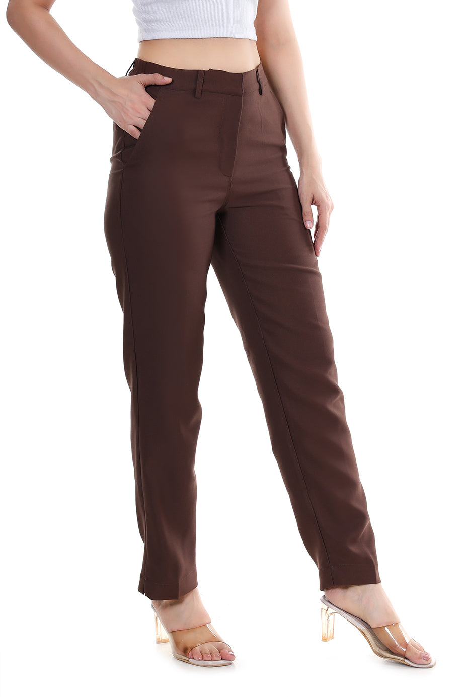 Women Premium Straight Fit Medium Waist Pants – Coffee Brown