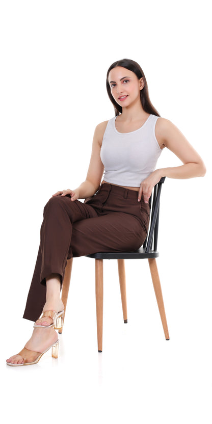 Women Premium Straight Fit Medium Waist Pants – Coffee Brown