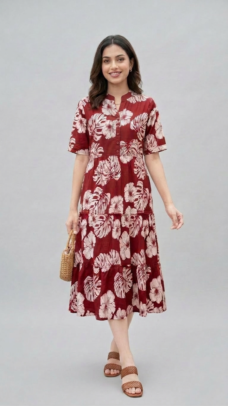 Midi Floral Dress - Maroon