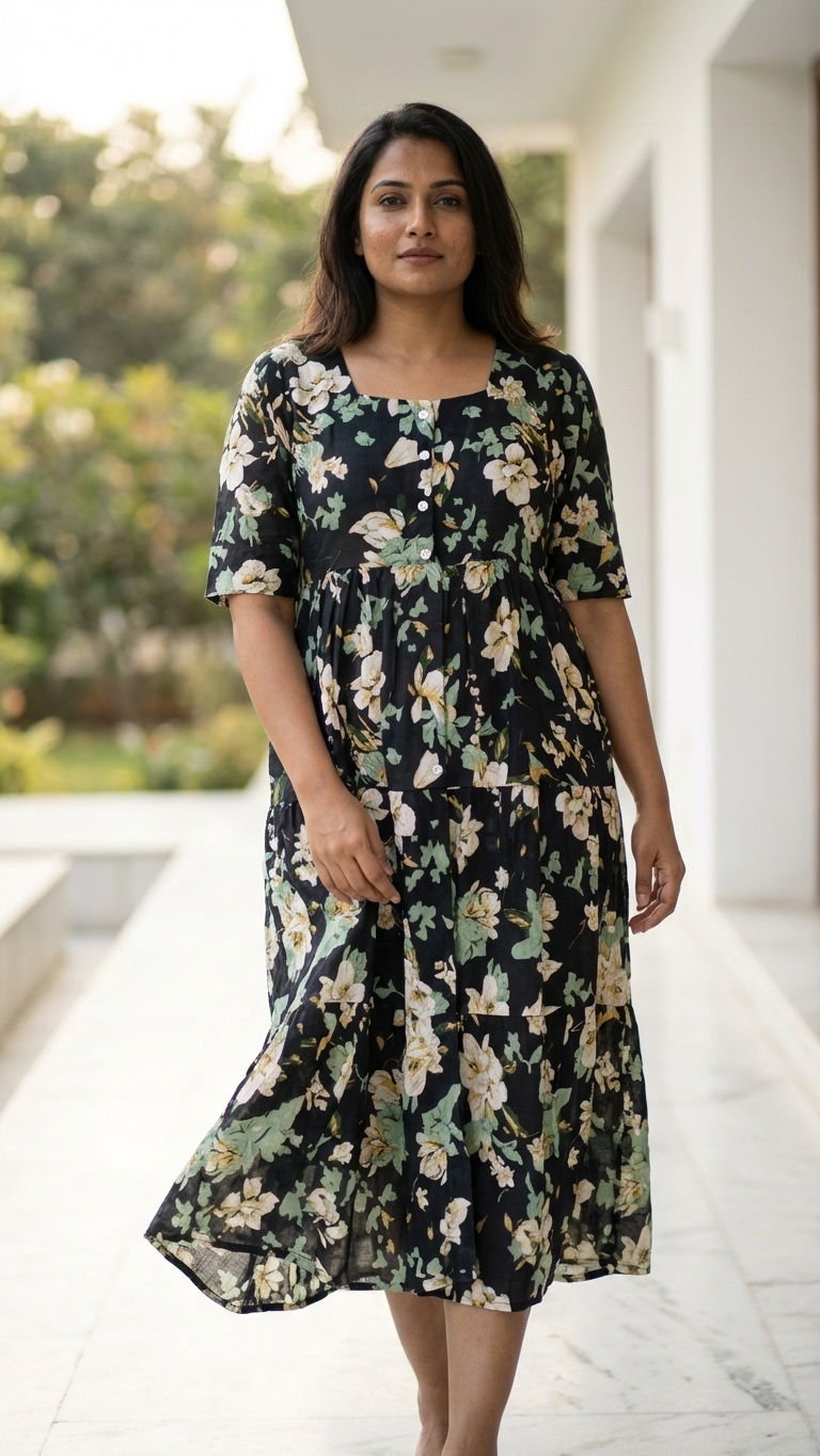 Midi Floral Dress - Black