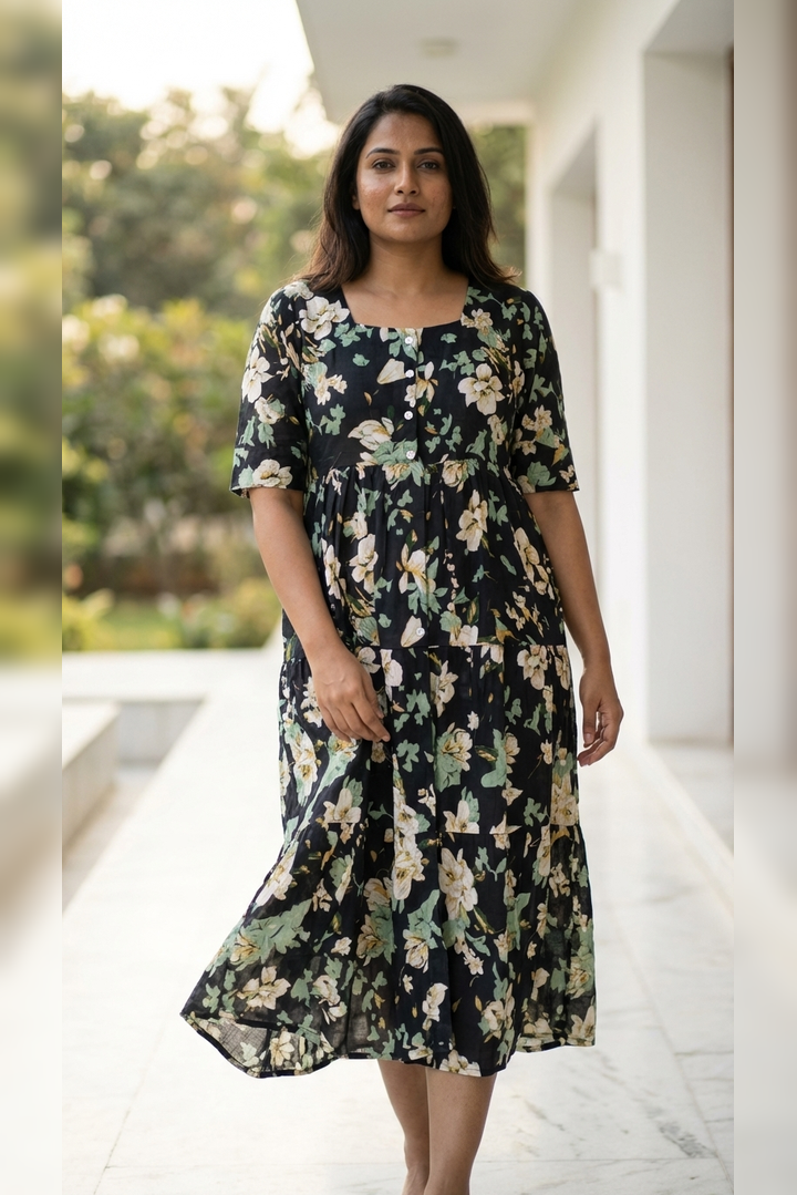 Midi Floral Dress - Black