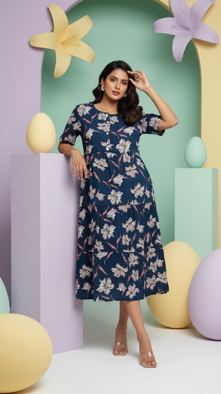 Midi Floral Dress - Navi