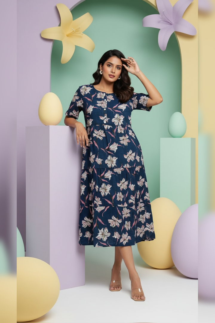 Midi Floral Dress - Navi