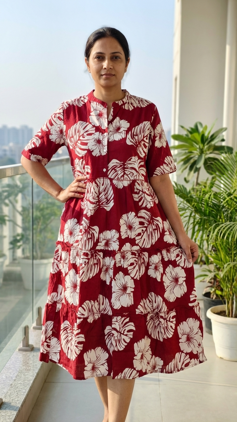 Midi Floral Dress - Maroon
