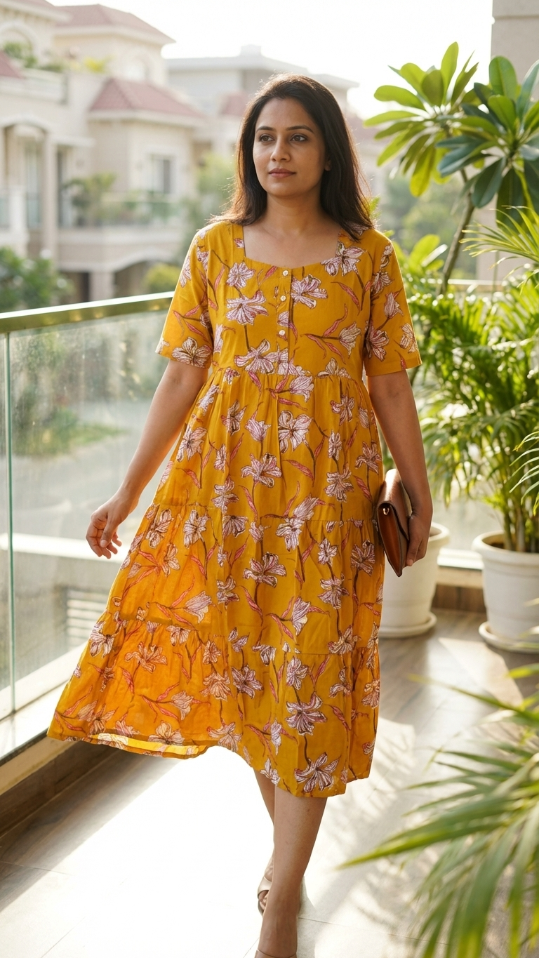 Midi Floral Dress - Mustard