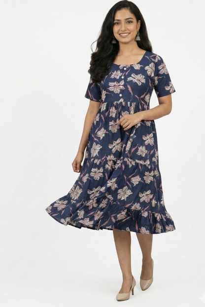 Midi Floral Dress - Navi
