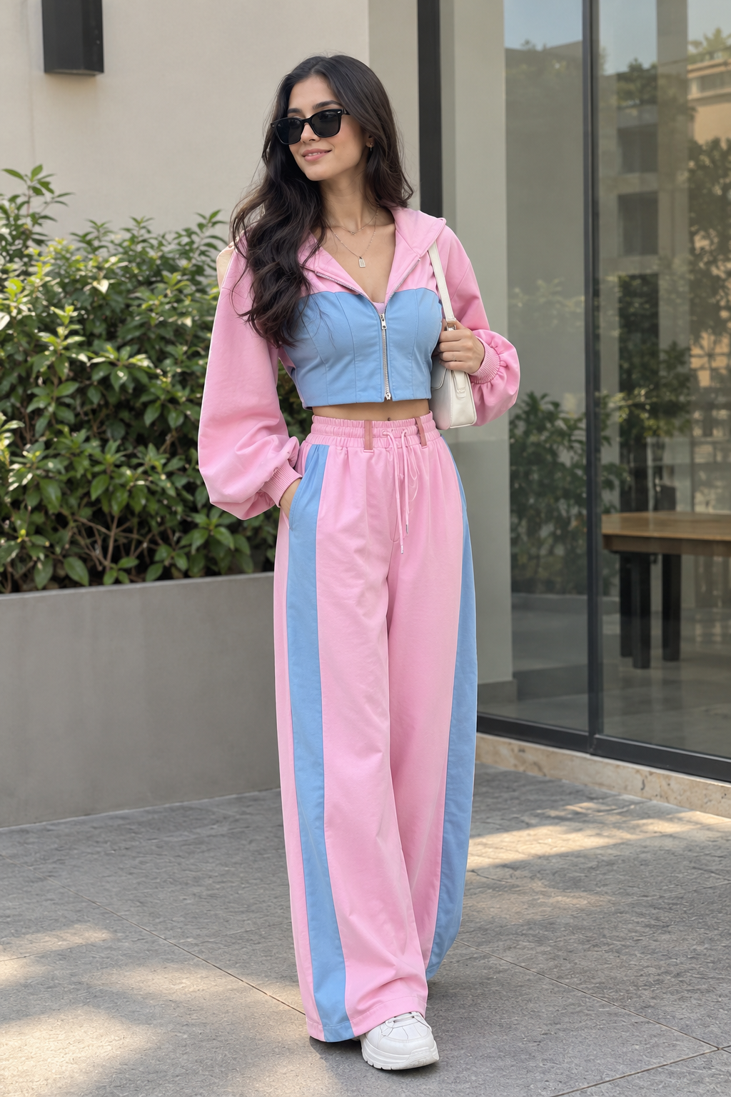 Pink & Blue Colour-Block Hoodie and Wide-Leg Trouser Co-ord Set