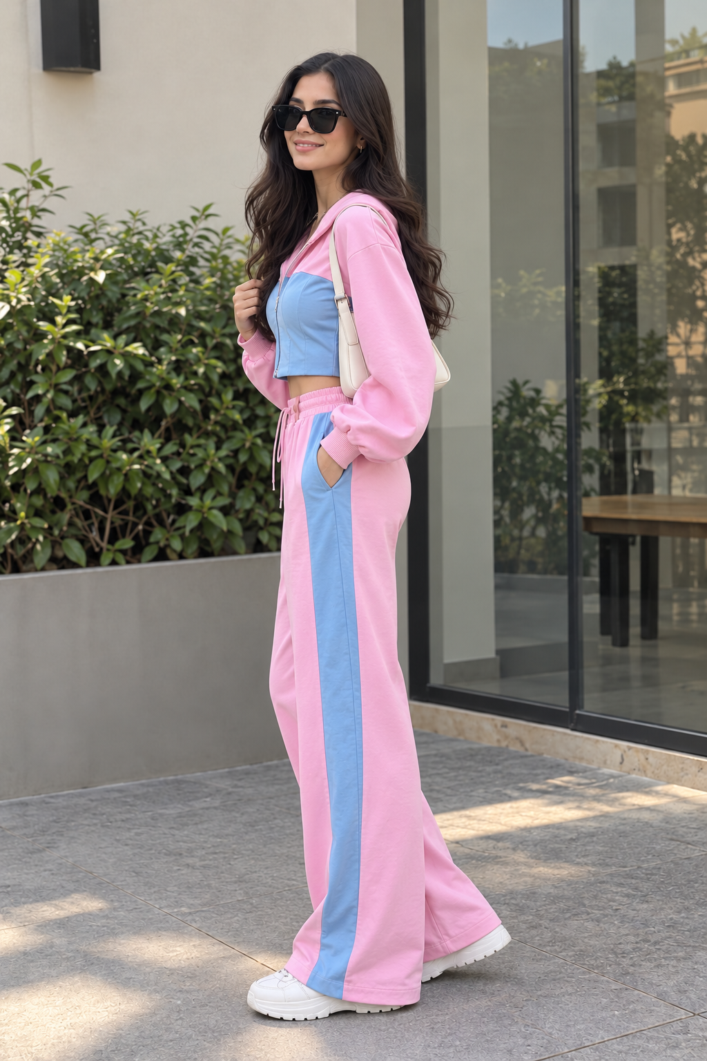 Pink & Blue Colour-Block Hoodie and Wide-Leg Trouser Co-ord Set
