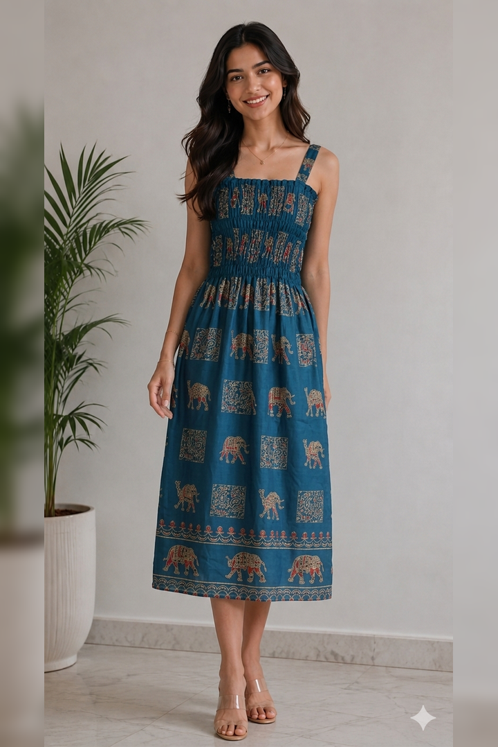 Royal Elephant Dress - Teal Blue